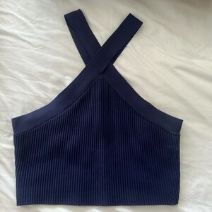Navy cropped halter ribbed knit tank top
